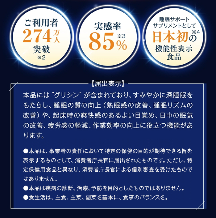 ご利用者274万人突破※2 実感率85%※3 睡眠サポートサプリメントとして日本初※4の機能性表示食品 【届出表示】本品には“グリシン”が含まれており、すみやかに深睡眠をもたらし、睡眠の質の向上（熟眠感の改善、睡眠リズムの改善）や、起床時の爽快感のあるよい目覚め、日中の眠気の改善、疲労感の軽減、作業効率の向上に役立つ機能があります。