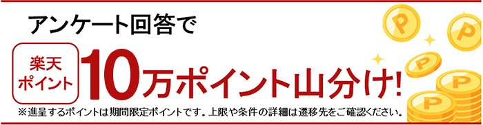 アンケート回答で楽天ポイント10万ポイント山分け！※進呈するポイントは期間限定ポイントです。上限や条件の詳細は遷移先をご確認ください。